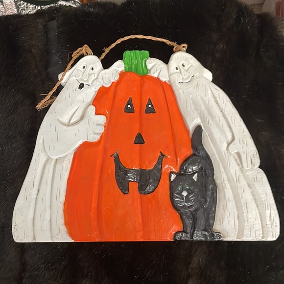 Halloween Plaque Rustic Ghosts Black Cat Pumpkin - Picture 2 of 7